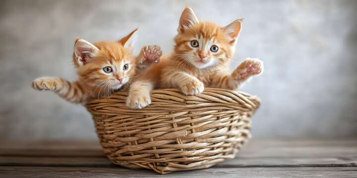 Gatinhos brincalh&otilde;es rolando em uma cesta