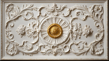 Obraz premium Elegant White Gold Ornate Plaster Ceiling Panel Design