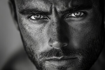 Obraz premium Intense Gaze of a Man With Striking Features Captured in Black and White Photography