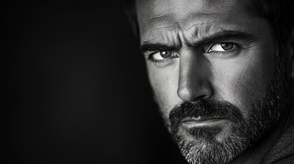 Strong Expression Captured in Black and White Portrait of a Man With Intense Gaze Showcasing Deep Emotions and Personality Traits