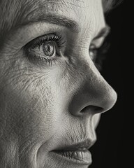 Close-up of a Mature Woman's Face Showcasing Detailed Textures and Expressions in Dramatic Lighting