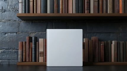 Blank book cover mockup on shelves with old books.