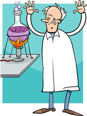 happy cartoon scientist or inventor in laboratory
