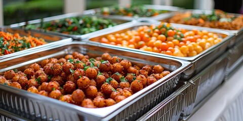 Obraz premium A Diverse Array of Deliciously Prepared Dishes Displayed in Stainless Steel Trays, Showcasing Vibrant Colors and Fresh Ingredients at a Buffet Setting