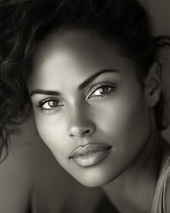 Fototapeta premium Close-up Portrait of a Woman With Striking Features and Captivating Eyes, Highlighting Natural Beauty and Elegance in Soft Lighting