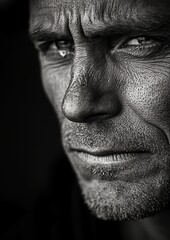 Portrait of a Rugged Man With Deep Facial Lines, Capturing Intense Emotion in a Close-Up Shot