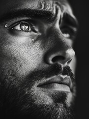 Intense Portrait of a Man Showing Emotion With Tears in His Eyes, Captured in High Contrast Black and White During a Moment of Reflection