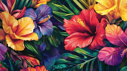 Vibrant floral arrangement with hibiscus and tropical leaves.