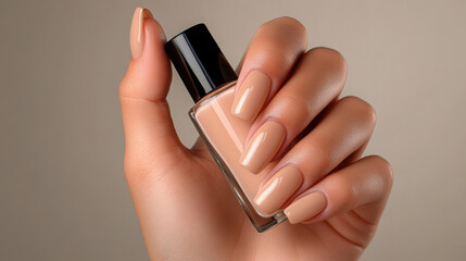 Fototapeta premium Elegant female hands with shiny gel polished nails in neutral tones for fashion and beauty concepts