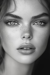 Fototapeta premium Close-up Portrait of a Woman With Striking Features and Captivating Eyes Showcasing Natural Beauty and Freckled Skin