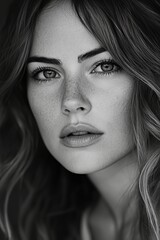 Fototapeta premium Stunning Black and White Portrait Showcasing a Young Woman With Captivating Features and Expressive Eyes Against a Soft Background