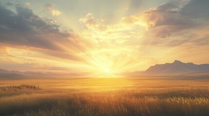 Serene sunrise over a vast golden landscape.
