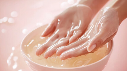 Relaxing spa ritual with hands gently immersed in warm paraffin for soft skin and wellness