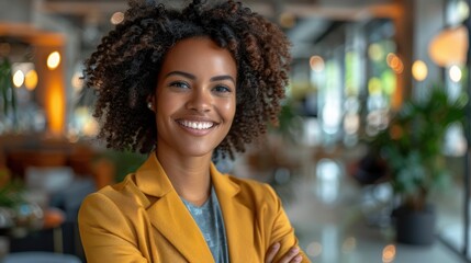 Fototapeta premium Confident and Stylish Woman in a Yellow Blazer Smiling in a Modern Cafe with Warm Ambient Lighting and Blurred Background