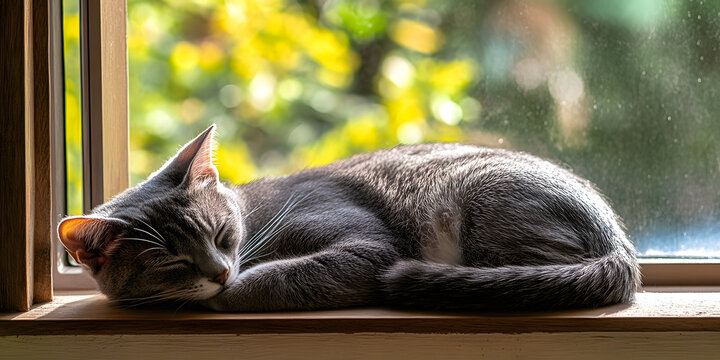 Gato sonolento enrolado em um parapeito de janela ensolarado