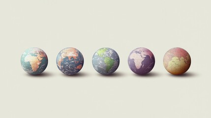 Obraz premium Five globes depicting different Earth styles and colors.