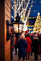 Street lantern in Christmas market. Retro style street sparkle lamp with beautiful bokeh. Christmas and New Year Design Elements for Holiday Marketing