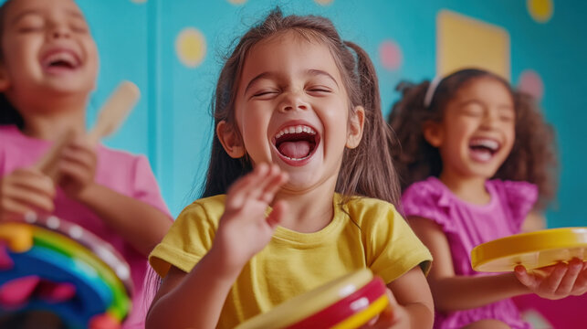 Joyful children playing musical instruments in a vibrant classroom setting