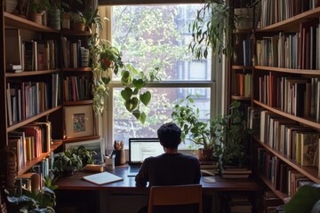 Person working at home desk with bookshelves and plants.