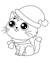 Cute cat dressed in a scarf in a Santa hat - vector linear picture for coloring. Outline. Cat celebrates Christmas coloring.