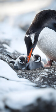 Momento terno de uma m&atilde;e pinguim com seu filhote