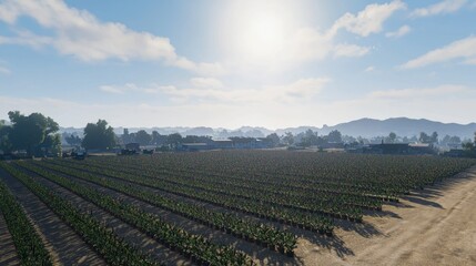 Expansive farmland under a bright sky with distant mountains.