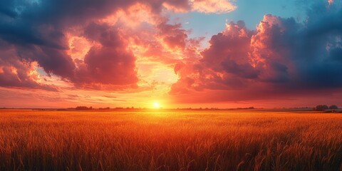 Fototapeta premium Golden Grass Field at Sunset with Dramatic Clouds