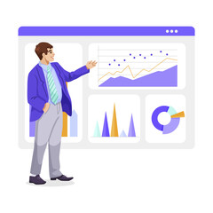 Businessman presenting data with graphs and charts, wearing a suit and tie, on white background. Concept of analysis and statistics. Vector illustration.