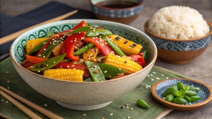 A large ceramic bowl highlights a colorful stirfry of assorted vegetables bright red bell peppers crunchy snow peas and golden corn kernels stirfried in sesame oil. On the side a
