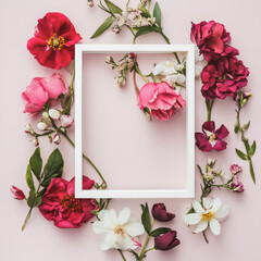 Obraz premium Creative Layout with Red Flowers and White Frame - Spring Minimalistic Banner