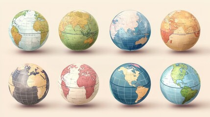 Eight globes depicting different world maps and regions.