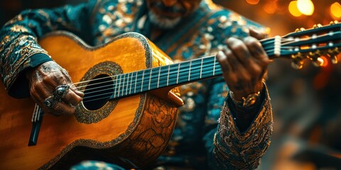 Obraz premium An intricately adorned musician passionately strums an acoustic guitar, his fingers gracefully dancing over the strings, evoking vibrant melodies and lively rhythms in a warm, ambient setting