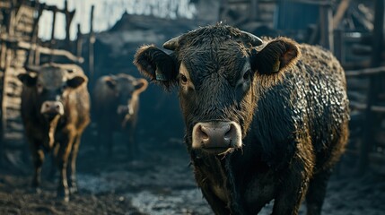 Fototapeta premium Cows in a rustic farm setting, showing rural life.