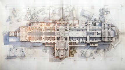 Architectural blueprint of a building floor plan, with detailed room layouts and design elements.