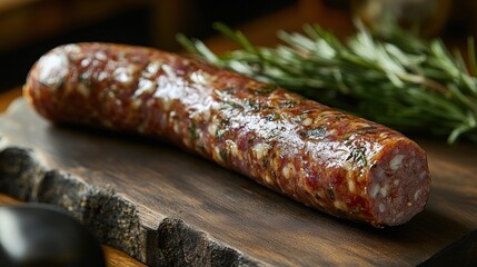 Impressive close-up image of a savory, seasoned cured sausage resting on a rustic wooden board with herbs in the background, showcasing artisan craftsmanship