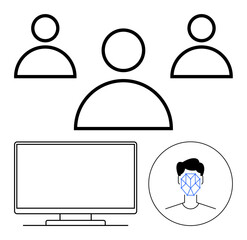 User profile icons, computer screen, and facial recognition in circle. Ideal for technology, security systems, digital identity, user authentication, smart devices, privacy policies access control