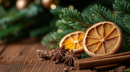 Fototapeta premium Aromatic christmas decorations with pine, dried oranges, and spices for festive ambiance
