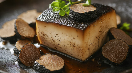 Gourmet foie gras with fresh black truffles and herbs on elegant plate