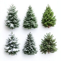 Fototapeta premium Collection of Six Beautiful Christmas Trees with Snow and Green Foliage on White Background