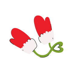 Hand-drawn Mitten. Mittens with a heart thread. Christmas vector illusrtation on a white background