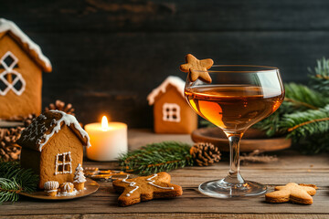 Obraz premium A festive holiday cocktail, elegantly presented with a star-shaped cookie, is accompanied by gingerbread houses and a lit candle, all set on a wooden table, evoking the warmth and charm of the season.