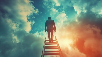 Man in suit ascending a ladder towards a vibrant sky, symbolizing ambition and success.
