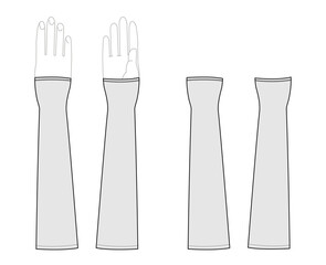 Gauntlets Gloves Elbow length Fashion hand accessory clothing technical illustration garment. Vector front palm back view for Men, women, unisex style flat template CAD mockup sketch outline on white