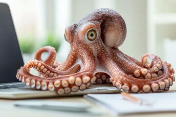A large octopus is sitting on top of a laptop. Multitasking concept