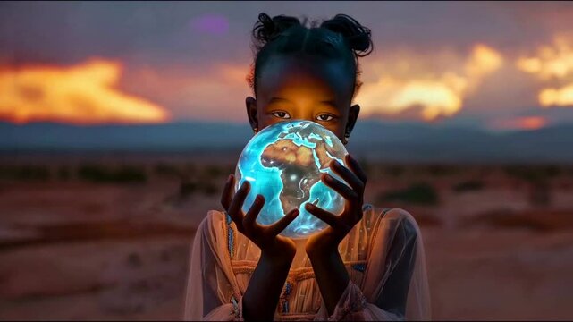 Young African girl holding an illuminated Earth globe in front of their face. with a renewed sense of hope for humanity.