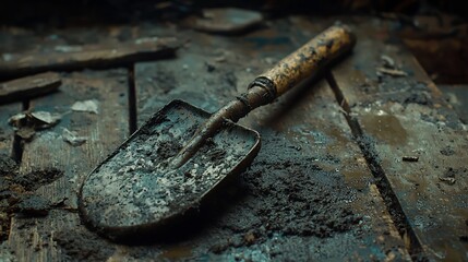 Dirty, old shovel rests on muddy wooden surface.