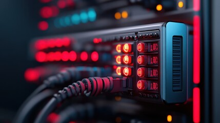 Close-Up of Network Server with Colorful LED Indicators and Connected Cables in a High-Tech Data Center Environment