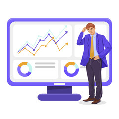 Businessman in a suit analyzing charts and graphs on a computer screen, white background, concept of business performance. Vector illustration.