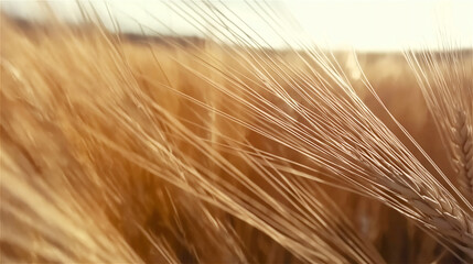 Close-up of golden wheat ears glowing under soft sunlight, evoking themes of agriculture, growth, and natural abundance.