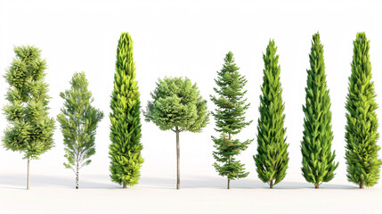 Fototapeta premium Cypress, Barberry Bush, and Rosemary trees isolated on a white background, used for architecture.